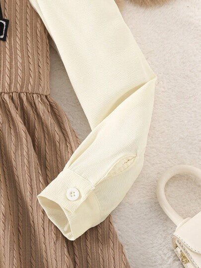 Robe midi décontractée d'automne pour grandes filles, col V avec appliqué lettre, fausse robe deux pièces, manches longues bouffantes, col chemise, coupe trapèze