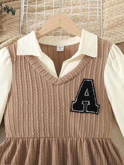 Robe midi décontractée d'automne pour grandes filles, col V avec appliqué lettre, fausse robe deux pièces, manches longues bouffantes, col chemise, coupe trapèze