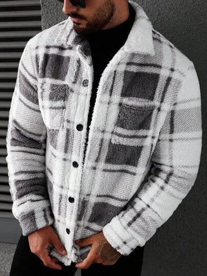 Manfinity CasualCool Veste décontractée à manches longues, à carreaux, à simple boutonnage avec poche, en polaire douce, pour l'automne/l'hiver