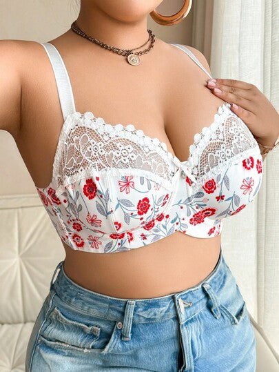 DesireSculpt 1 pièce Soutien-gorge à armatures en dentelle et patchwork grande taille, soutien-gorge en dentelle florale, soutien-gorge fleuri mignon, soulève