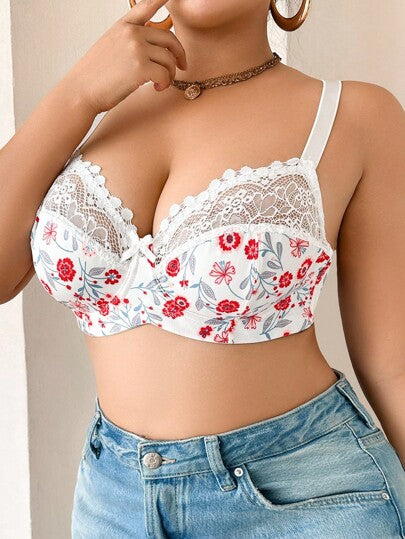 DesireSculpt 1 pièce Soutien-gorge à armatures en dentelle et patchwork grande taille, soutien-gorge en dentelle florale, soutien-gorge fleuri mignon, soulève