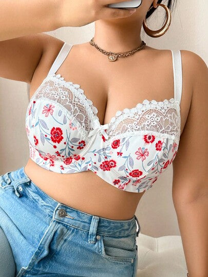 DesireSculpt 1 pièce Soutien-gorge à armatures en dentelle et patchwork grande taille, soutien-gorge en dentelle florale, soutien-gorge fleuri mignon, soulève