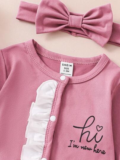 Ensemble pyjama 4 pièces pour bébé fille nouveau-né, automne/hiver, barboteuse à manches volantées unie, bandeau et bonnet, tenue d'intérieur, rose