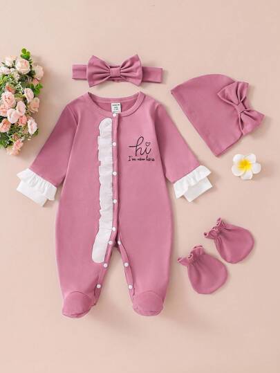 Ensemble pyjama 4 pièces pour bébé fille nouveau-né, automne/hiver, barboteuse à manches volantées unie, bandeau et bonnet, tenue d'intérieur, rose