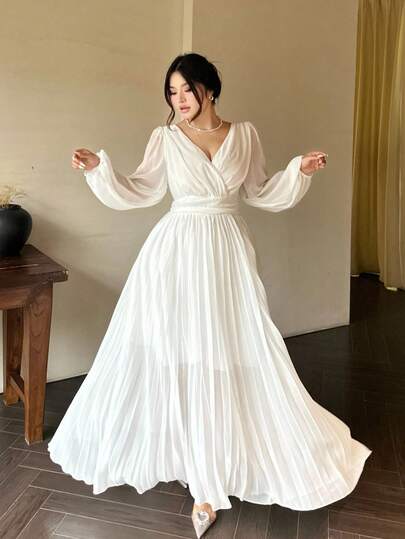 Vibekara Robe longue fluide à col en V et dos nu à manches longues, robe de déesse grecque blanche élégante