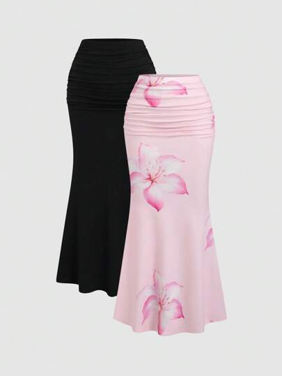 Sweetra 2 pièces Ensemble jupe sirène de couleur unie élégante et jupe à imprimé floral pour femmes