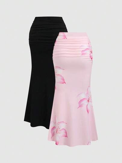 Sweetra 2 pièces Ensemble jupe sirène de couleur unie élégante et jupe à imprimé floral pour femmes