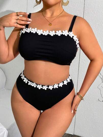 Slaydiva Maillot de bain noir grande taille pour femmes, ensemble top à bretelles spaghetti amovibles avec décor floral féerique & short taille haute pour vacances d'été à la plage