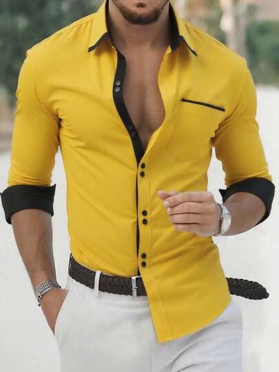 Calvornis Chemise formelle décontractée pour homme à manches longues, boutonnage simple, couleurs contrastées, jaune, style business mode, pour le travail, l'automne et les cérémonies