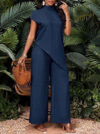 Ensemble 2 pièces Top asymétrique et pantalon de couleur unie décontracté pour vacances pour femmes
