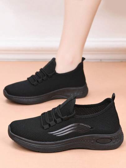 Chaussures décontractées respirantes pour femmes, chaussures de travail noires confortables à semelle souple antidérapante, baskets rondes à bout rond en tissu de couleur unie, convenant à toutes les saisons