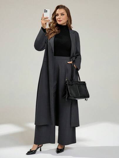 Auralis Ensemble de veste de costume ample et confortable et pantalon large pour femmes grandes tailles, style printemps et automne. Couleur grise, style "Old Money", tenue chic pour le bureau et le travail, look automnal