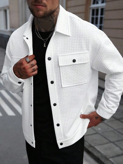 Manfinity CasualCool 2025 Nouvelle veste pour hommes, veste décontractée de couleur unie pour hommes, polyvalente pour le printemps et l'automne, chemise veste texturée blanche pure, style décontracté et simple, style urbain mature, style gentleman britan