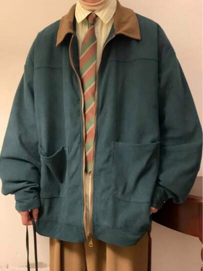 Veste décontractée ample à blocs de couleurs vintage pour hommes, convient pour les sorties décontractées, le style, le style universitaire, les sports, l'extérieur, les vêtements de travail (coupe oversize, taille grande)