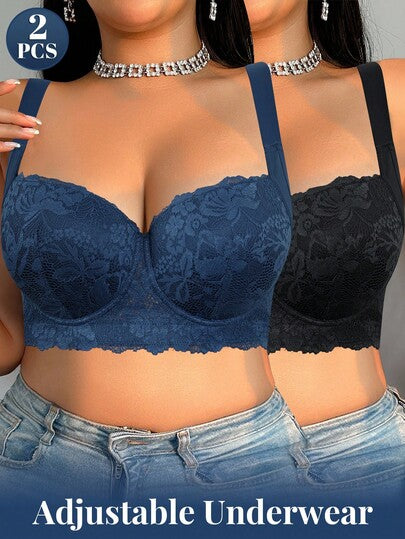 DesireSculpt 2 pièces Ensemble de soutien-gorge à armatures pour femmes grandes tailles, soutien-gorge en dentelle avec patchwork, bretelles larges de soutien, effet push-up