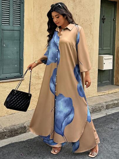 Breezaya Ensemble 2 pièces ample avec imprimé tie-dye de plante, grande taille