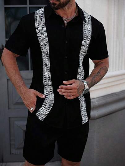Manfinity Homme Chemise décontractée pour hommes avec bordure en dentelle de couleur contrastée, été