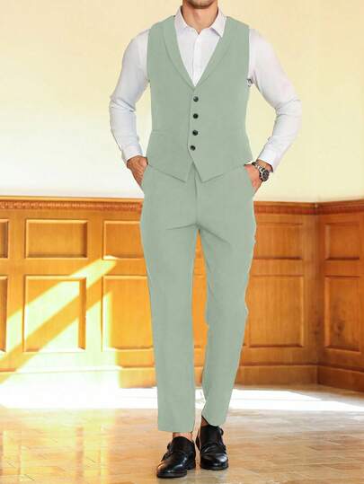 Manfinity Mode Costume de mariage en lin vert sauge pour hommes,Tenue élégante d'invité de mariage d'été, Formel