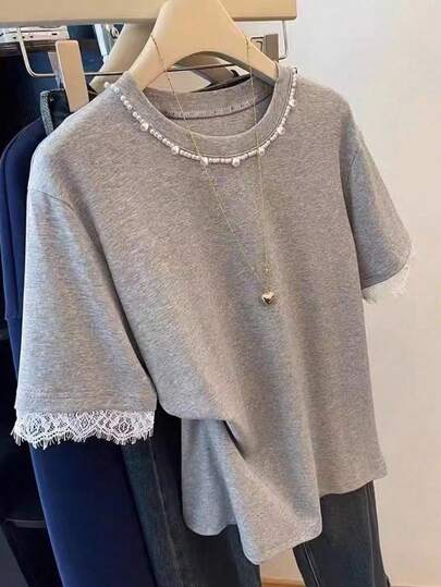 Resyla T-shirt pour femmes à manches courtes, unicolore, col rond, mode pour l'été