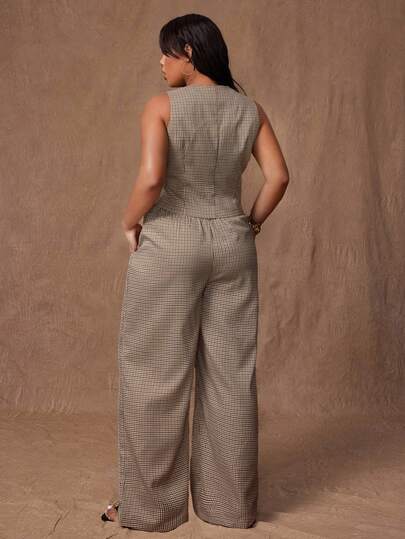 Rustia Ensemble 2 pièces grande taille pour femmes : Gilet décontracté marron + Pantalon