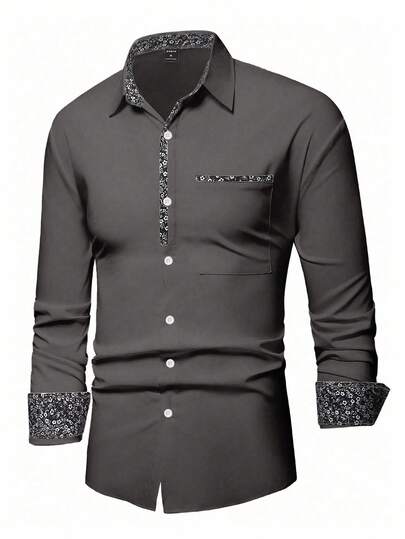 Manfinity Mode Chemise décontractée à manches longues avec boutons et imprimé floral sur la poche avant, pour l'automne, cérémonie formelle