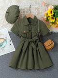Robe-chemise Ajustée Ceinturée Pour Jeune Fille Avec Rabat Et Chapeau D'accessoire Sans Sac