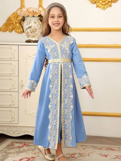 Robe de chambre pour jeune fille en dentelle brodée bleu clair, robe traditionnelle culturelle pour le festival de l'Aïd, robe brodée