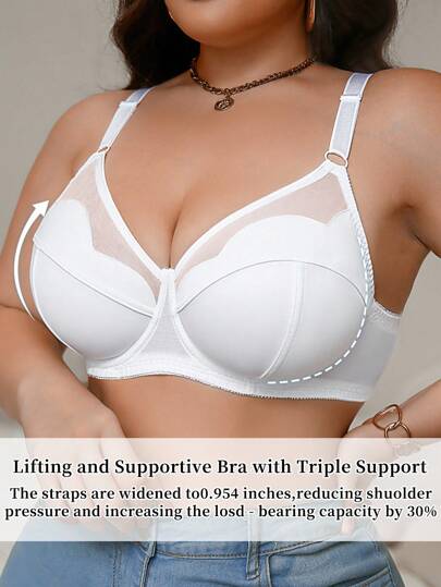 DesireSculpt 1 pièce Soutien-gorge mode et élégant de couleur unie, avec empiècement en maille et garniture florale, sans doublure, avec armatures, grande taille