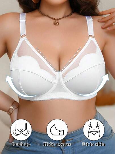 DesireSculpt 1 pièce Soutien-gorge mode et élégant de couleur unie, avec empiècement en maille et garniture florale, sans doublure, avec armatures, grande taille