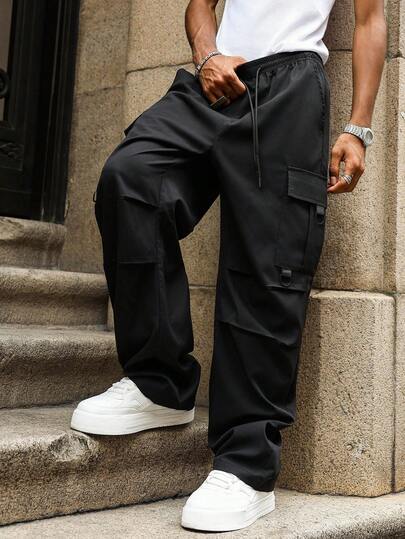 Major Grit Pantalon cargo ample décontracté à taille élastique et plis pour hommes grande taille, couleur unie, pour l'automne