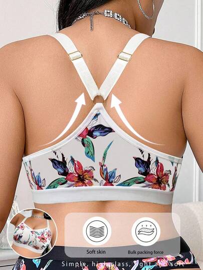 Elacene 1 pièce Soutien-gorge sans fil à imprimé floral grande taille