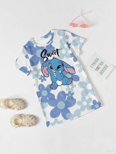 Robe T-shirt mini décontractée pour fille pré-ado, mode créative, imprimé mignon de lapin bleu, fleurs, lettres et slogan, manches courtes, coupe droite imprimée...