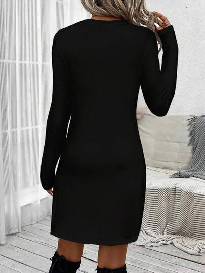 LUNE Robe à manches longues ajustée avec imprimé cœur aquarelle marron minimaliste et décontracté pour femmes, convient pour l'automne/hiver, robe chic, robes d'automne pour femmes, décontracté