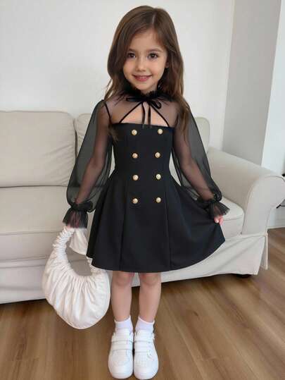 Robe à manches évasées en maille contrastée, col roulé noir unicolore, double boutonnage, manches longues, robe trapèze avec nœud dans le dos. Couleur: noir. Convient pour la rentrée scolaire, les occasions automnales/hivernelles, les occasions décontract