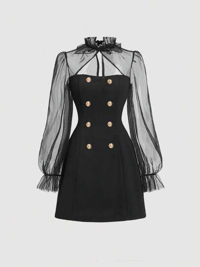 Robe à manches évasées en maille contrastée, col roulé noir unicolore, double boutonnage, manches longues, robe trapèze avec nœud dans le dos. Couleur: noir. Convient pour la rentrée scolaire, les occasions automnales/hivernelles, les occasions décontract
