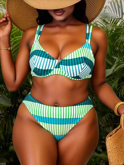 Slaydiva 2 pièces Ensemble de bikini sans fil imprimé de lignes géométriques pour femmes grandes tailles