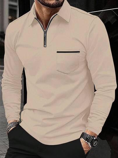 Manfinity Homme Chemise polo à manches longues zippée décontractée pour hommes, beige clair, automne, décontracté chic, randonnée, Top zippé crème d'automne, activités de plein air, voyage, cadeau pour le mari, formel