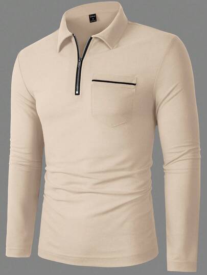 Manfinity Homme Chemise polo à manches longues zippée décontractée pour hommes, beige clair, automne, décontracté chic, randonnée, Top zippé crème d'automne, activités de plein air, voyage, cadeau pour le mari, formel