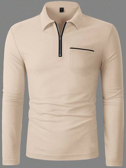 Manfinity Homme Chemise polo à manches longues zippée décontractée pour hommes, beige clair, automne, décontracté chic, randonnée, Top zippé crème d'automne, activités de plein air, voyage, cadeau pour le mari, formel