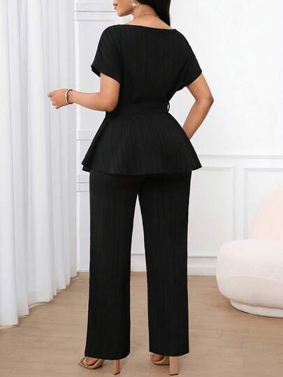 Ensemble deux pièces pour femmes, composé d'un Top à manches courtes et d'un pantalon droit ample, en tissu jacquard de couleur unie, décontracté et élégant. Convient pour les tenues de bureau, les vacances au printemps, en été et en automne, les sorties,