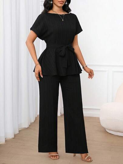 Ensemble deux pièces pour femmes, composé d'un Top à manches courtes et d'un pantalon droit ample, en tissu jacquard de couleur unie, décontracté et élégant. Convient pour les tenues de bureau, les vacances au printemps, en été et en automne, les sorties,