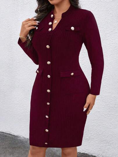 Elenzga Robe mi-longue élégante et ajustée à col V et boutonnage simple pour grandes tailles
