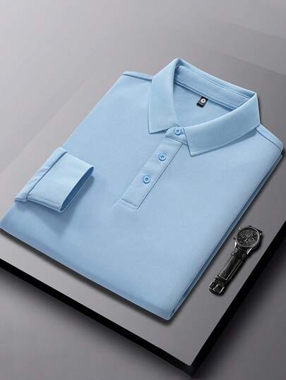 Chemise polo décontractée ample à manches longues pour hommes, en polyester léger, style minimaliste business décontracté campus