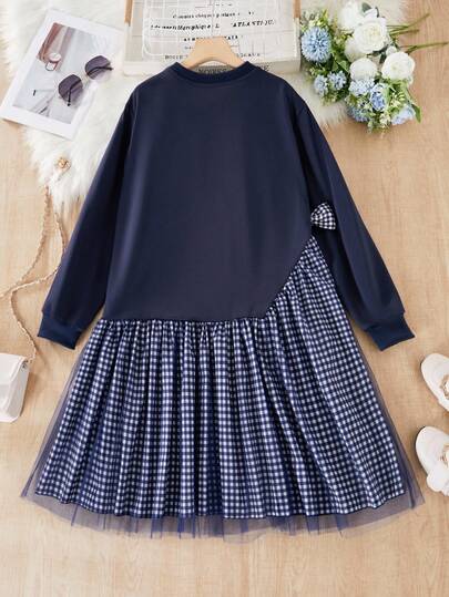 Robe ligne A élégante et décontractée pour préadolescentes, en tissu tricoté à carreaux patchwork avec nœud décoratif, maille, style naturel et gracieux pour le trajet quotidien