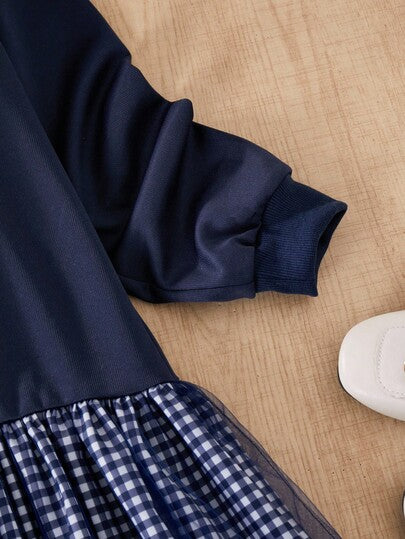 Robe ligne A élégante et décontractée pour préadolescentes, en tissu tricoté à carreaux patchwork avec nœud décoratif, maille, style naturel et gracieux pour le trajet quotidien
