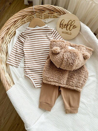 Nouveau-né Bébé Mignon,Tenue Moelleuse,Veste en Peluche Animalière+Body Rayé à la Mode+Pantalon de Sport Confortable,Port Intérieur Extérieur Automne Hiver Neutre