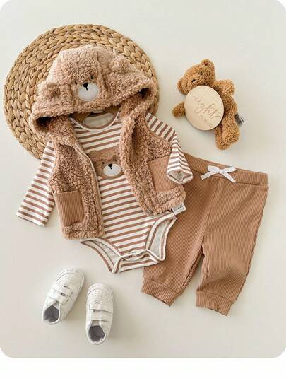 Nouveau-né Bébé Mignon,Tenue Moelleuse,Veste en Peluche Animalière+Body Rayé à la Mode+Pantalon de Sport Confortable,Port Intérieur Extérieur Automne Hiver Neutre