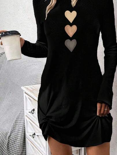 LUNE Robe à manches longues ajustée avec imprimé cœur aquarelle marron minimaliste et décontracté pour femmes, convient pour l'automne/hiver, robe chic, robes d'automne pour femmes, décontracté