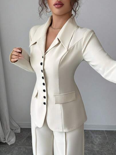 Elenzga Blazer femme abricot épais col V, bouton contrasté noir, fausse poche, uniforme d'enseignant, tenue professionnelle élégante, ambiance Thanksgiving Halloween, nouvelle collection automne, haut de gamme, élégant, manches longues, taille cintrée, pa