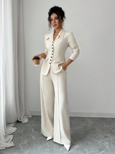 Elenzga Blazer femme abricot épais col V, bouton contrasté noir, fausse poche, uniforme d'enseignant, tenue professionnelle élégante, ambiance Thanksgiving Halloween, nouvelle collection automne, haut de gamme, élégant, manches longues, taille cintrée, pa